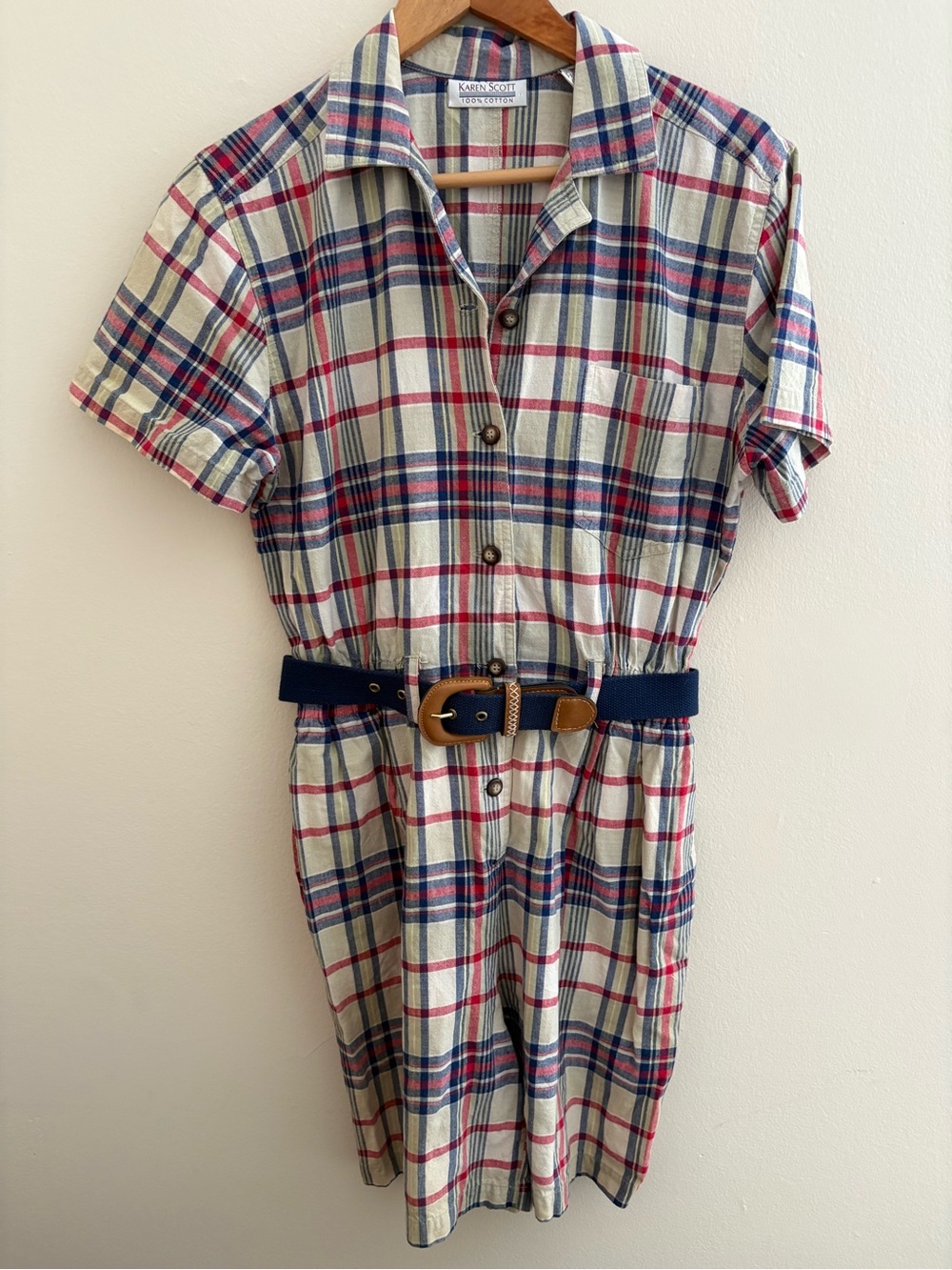 Karen Scott Cream, Navy and Red Plaid Short-Sleeve Shirt Romper with Navy Belt